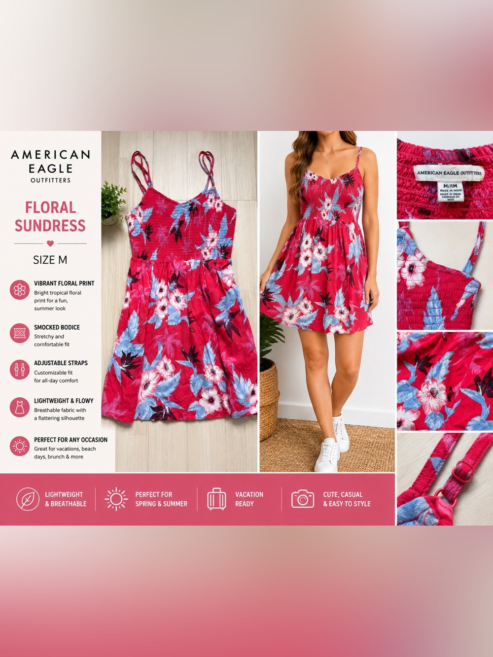 American Eagle Floral Smocked Sundress Women’s Medium Pink Tropical Floral
